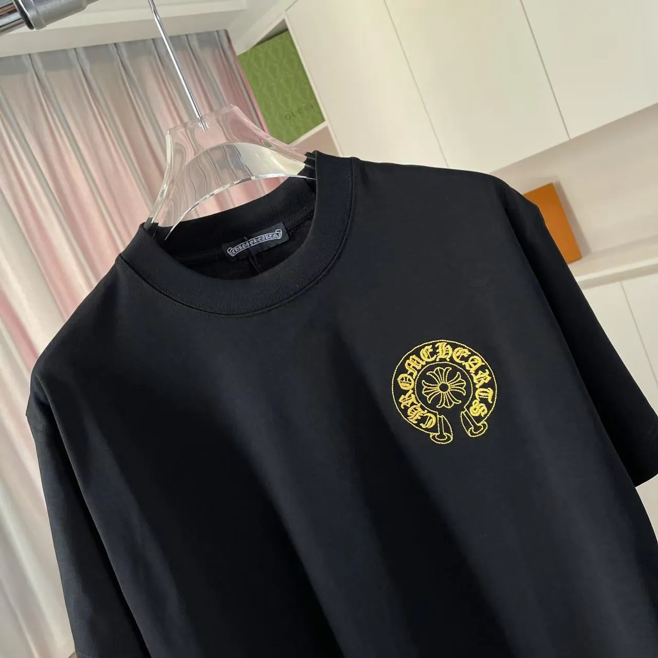 🅿️200 ch Cro* 2025 summer new style Sanskrit horseshoe cross cross vacuum embroidery short-sleeved t-shirt customized fabric 300g same style for men and women Size: S M L XL XXL Five codes Color: black white